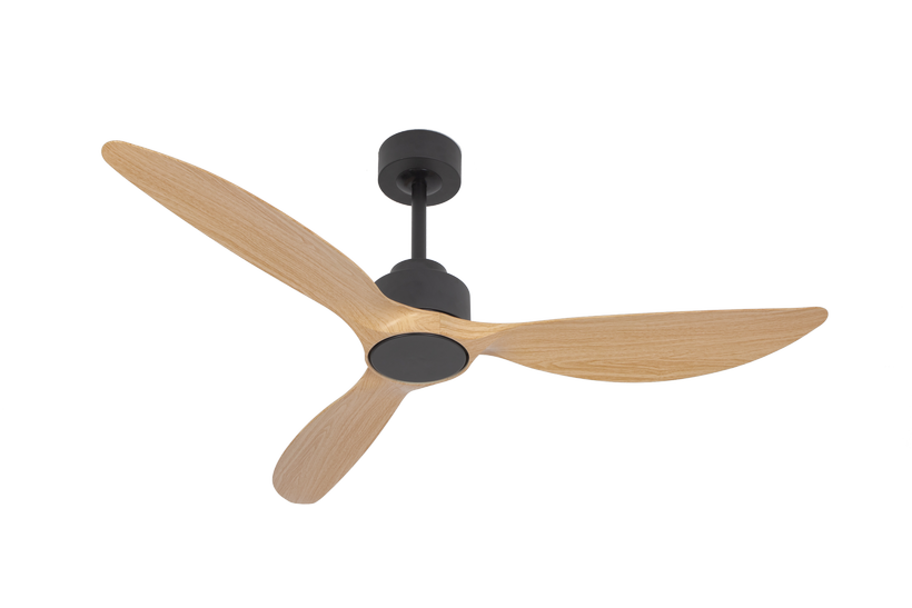 מאוורר ALMERIA תלוי DC 35W - גימור שחור  - כנפיים עץ טבעי  קוטר 52 אינץ' - מוגן מים IP54