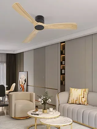 מאוורר SEVILIA  צמוד תקרה DC 35W - גימור שחור - כנפיים עץ טבעי  קוטר   48 אינץ'