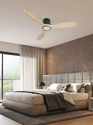 מאוורר VALENSIA צמוד תקרה DC 35W - גימור שחור - כנפיים עץ טבעי  קוטר   48 אינץ'